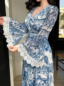 DAZY Floral All-Over V-Neck Lace Trim Slit Midi Dress For Women Boho,Fall Dress Long Sleeve Dress - Blue - View 3