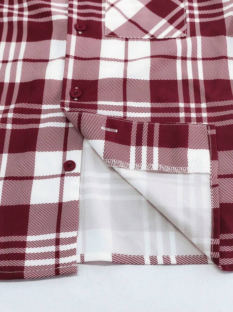 Conjunto de pijama de 2 piezas con camisa de manga corta y shorts a cuadros rojos clásicos, moderno y de moda para mujer - Rojo - Añade 4