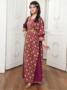 V-Neck Retro Print Dress & Scarf Set For Teen Girls - Purple - View 3