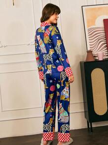 Chillnights Conjunto de pijama de mujer con estampado de leopardo y contraste de color