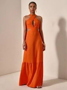 Zivah New Spring And Summer Casual Vacation Cross Halter Neck Hollow Front Chest Hollow Backless Waist Cake Skirt A-Pulse Maxi Skirt Orange Texture Wave Stripe Woven Women's Maxi Dress-A - Orange - View 4