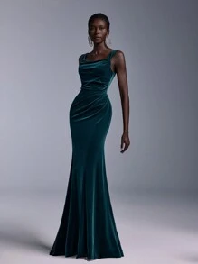 Elitara Bridesmaid Dress With Wide Straps, Ruched Velvet Elegant Formal Evening Prom Wedding Guest Gown, For Graduation, Dinner Party Dress - Dark Green - View 6