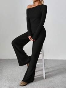 Flirla Tall 2pcs Women Winter Casual Asymmetrical Asymmetric Neck Fuzzy Tee + Wide Leg Lounge Pants Set Fall Cloth For Women - Black - View 4