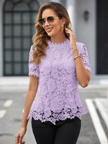 SHEIN Clasi Women's Solid Color Lace Trim Short Sleeve Casual Top, Everyday Wear
