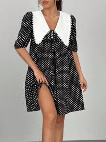 Chiquease Women's Peter Pan Collar Patchwork Lace Polka Dot Print Mini Dress