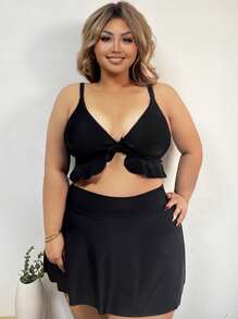 SHEIN CURVE+ Plus Size Women's Black Minimalist Sexy Skinny Bikini Swimwear Top, Na Letnie Wakacje Na Plaży - Czarne - Zobacz 3