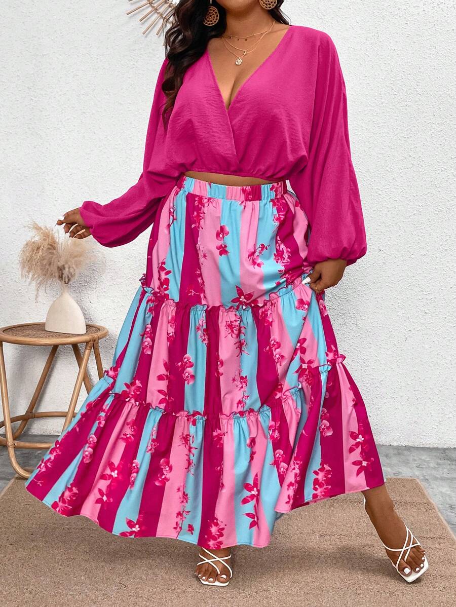 Breezaya Elegant Women Summer 2pcs Set Solid Color Lightweight Loose Long Sleeve V-Neck Top + Long Striped Hem Color Floral Skirt, Plus Size