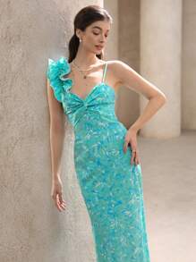 Chiquease Elegant Floral Print One Shoulder Ruched Ruffle Hem Fitted Mermaid Dress For Women, Romantic Holiday Resort Style All Over Print  For Summer - Multicolor - View 5