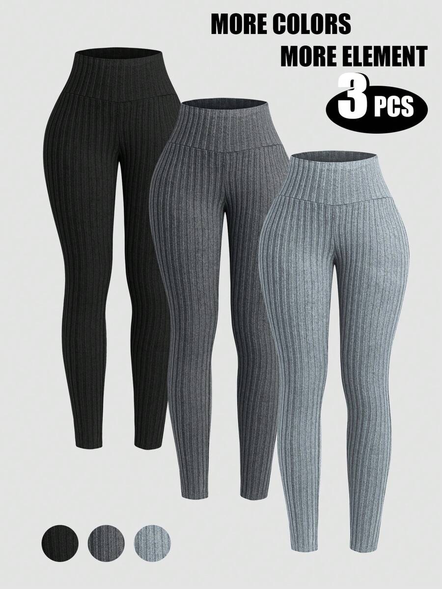 INAWLY Set de 3 leggings de punto acanalado de unicolor para mujer - Multicolor - Ver 1