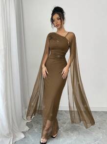Elenzga Vestido de cóctel ajustado de lujo para mujer con capa de malla tejida de unicolor y mangas plisadas