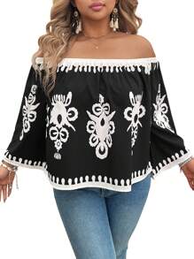 SHEIN LUNE Contrast Color Print Off-Shoulder Flared Sleeve Plus Size Blouse Summer Going Out Spring Outfits For Women Summer Boho Old Money Summer Outfits For Women St Patrick Day Outfit Easter Summer Outfits Spring Outfits For Women Beach Saint Patrick Easter Lounge Sets For Women Summer Vacation Outfits Woman Easter Rave Outfits Festival Boho Women Clothing Country Outfits Women Country Concert Outfit