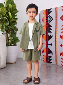 SHEIN Set de 2 piezas para niños pequeños con top con cuello de solapa y cordones y pantalones cortos casuales en unicolor, apropiado para atuendos infantiles, de vuelta al colegio, fiestas de cumpleaños, eventos, presentaciones, bodas, bautizos, graduaciones escolares, uso diario, primavera, verano