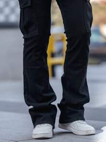 Manfinity Homme Men's Drawstring Waist Slim-Fit Cargo Jeans - Black - View 4