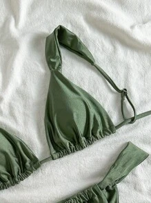 SHEIN Swim Women's Summer Beach Solid Color Ruched Sexy Bikini Set Green Bikinipush Up Bathing Suitbikini Set For Women - Army Green - View 4