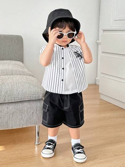 SHEIN Leap Crew Camisa informal y deportiva con cuello de pie y rayas para bebé niño/niña, apta para primavera y verano