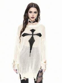 ROMWE Goth Women's Loose Fit Fringe Cross Pattern Long Sleeve Pullover Sweater