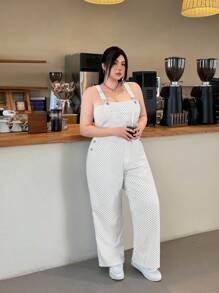 SHEIN EZwear Plus Size Wide Strap Button Pocket Simple Casual Denim Bib Pants - White - View 4