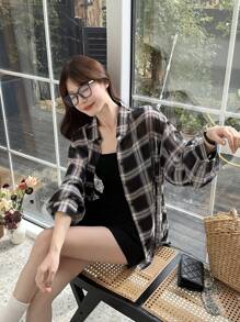 DAZY Blusa holgada de manga larga a cuadros para mujer, ropa de verano y otoño