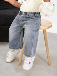 SHEIN Baby Girls' Vintage Blue Denim Wide-Leg Pants