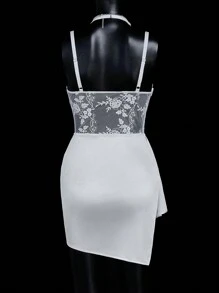 SHEIN ICON Sexy Satin & Lace Trim Mini Dress - White - View 2