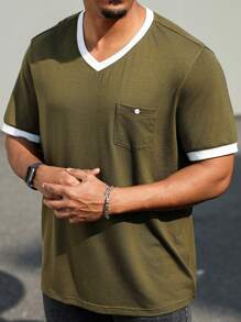 Manfinity Homme Plus Size Men's Contrast Color V-Neck Short Sleeve Pocket Casual T-Shirt - Green - View 4
