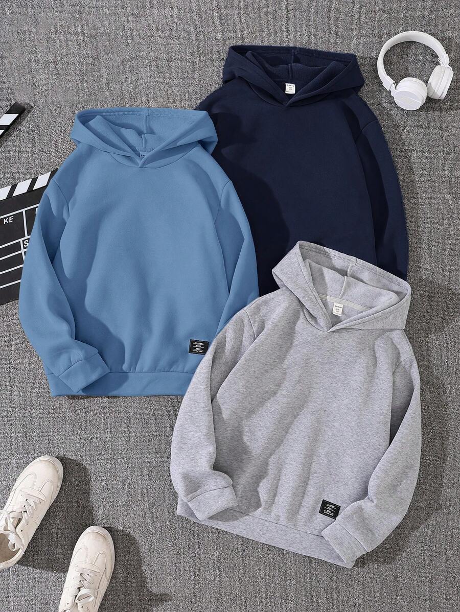 SHEIN 3pcs/Set Tween Boy Casual Letter Graphic Hooded Sweatshirts, Navy, Smog Blue, Gray Versatile For Commuting, School, Daily Casual, Sports