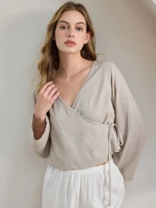 Ocili Leisure Comfortable Linen Overlap Collar Tie-Up Blouse, Women Casual Homewear Top - Pink - View 2