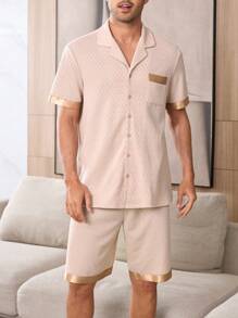 CoupledUp Jacquard Lapel Short Sleeve Contrast Ribbon Men's Sleepwear Set - Apricot - View 5