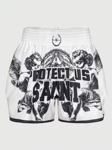 ROMWE MEN Street Life Men's Angel Print Elastic Waist Loose Casual Boxing Shorts, Suitable For Daily Wear In Spring/Summer - White - View 8