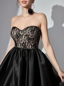 SHEIN Belle Damen elegantes Spitzen-Patchwork trägerloses Kleid für formelle Anlässe, Damen luxuriöses langes Abendkleid, Abschlussballkleid, Hochzeitsgast-Kleid, Partykleid, Abiballkleid - Schwarz - Übersicht 3