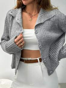 EURMUSE 罗纹纽扣针织开衫：具有柔软的罗纹质地、高领、现代短款廓形、实用的纽扣开合和宽袖口长袖，采用永恒的灰色色调，非常适合休闲时尚和百搭的分层搭配