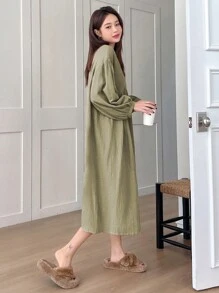 DAZY 女士纯色灯笼袖睡裙睡衣 - 軍綠色 - 查看 2