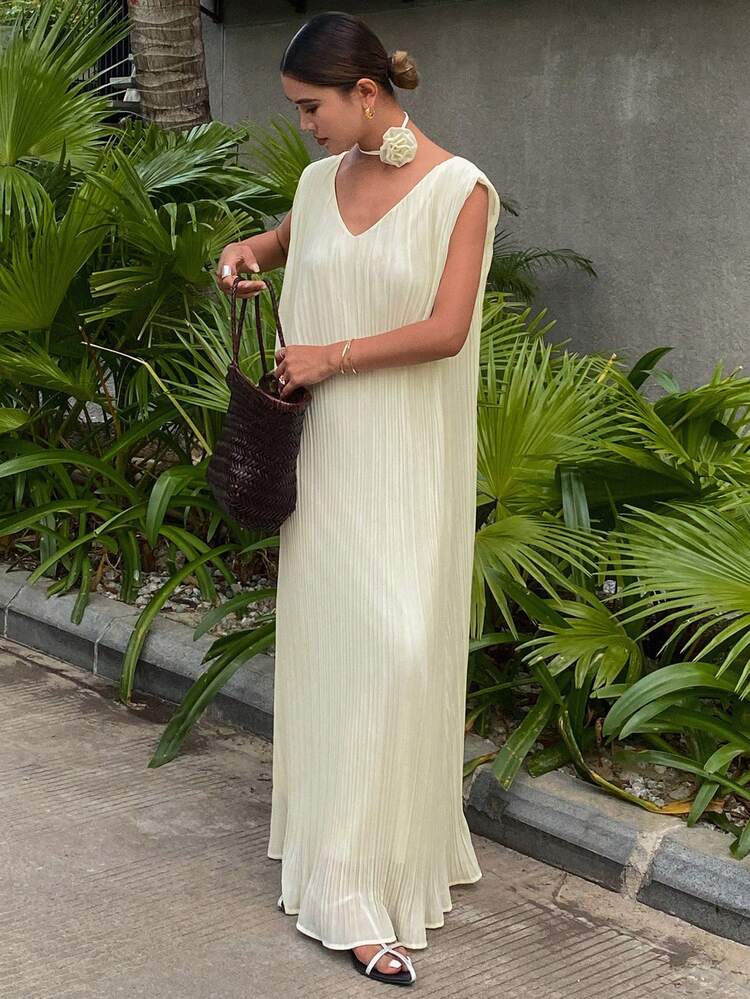 Elegant Resort Casual Dress, Loose Sleeveless Textured Solid Color Fabric Long Dress For Women, Spring/Summer Sundress