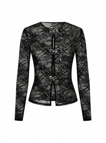 Ellevyn Blusa negra de manga larga con lazo y decoración de diamantes, elegante para uso diario y citas
