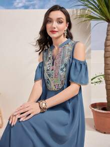 Al Najma 女士花朵拼布露肩优雅阿拉伯连衣裙 - 藍色 - 查看 7