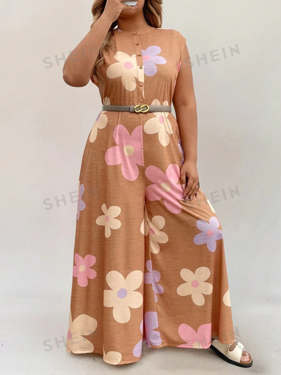SHEIN LUNE Mono de punto con estampado floral para mujer talla grande, pantalones sueltos, vestimenta occidental para mujeres, estilo bohemio, hippie, vaquera, atuendo bohemio, conjuntos de verano para mujeres, atuendo de concierto, atuendos de rave y festival, conjuntos de primavera, ropa de calle de verano estilo bohemio vintage
