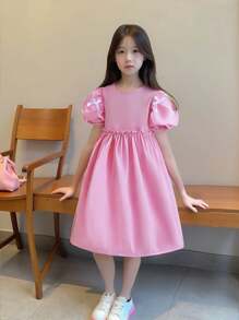 Girls' Simple Cute Fashion Round Neck Puff Sleeve High Waist Frill Bow Solid Color Midi Dress For Summer - Pink - View 1