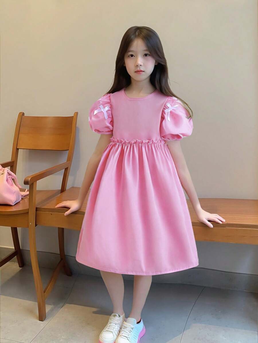 Girls' Simple Cute Fashion Round Neck Puff Sleeve High Waist Frill Bow Solid Color Midi Dress For Summer - Pink - View 1