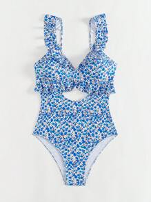 Swim Mod 1pc Ditsy Floral Cut-Out Ruffle Trim One-Piece Swimsuit, Random Print Pattern, Suitable For Beach & Holiday For Summer Beach Vacation