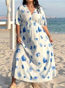 SHEIN VCAY Plus Size Floral Print Batwing Sleeve Summer Vacation Dress, Beach Outfits For Woman Beach Vacation Outfits, Spring Outfits For Women, Summer Outfits For Women, Graphic Outfits Women, Concert Outfit Women, Rave Outfits Festival - Blue and White - View 4