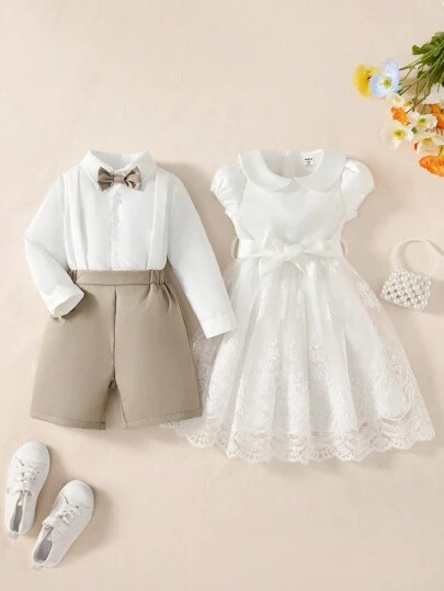 2pcs Young Boys Cute Peter Pan Collar Bowknot Short Sleeve Shirt And Shorts Gentleman Suit Set, Daily Sibling Outfits (2pcs Sold Separately)