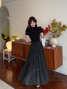 DAZY Women Polka Dot Chiffon Versatile Black & White Skirt Fall Skirts