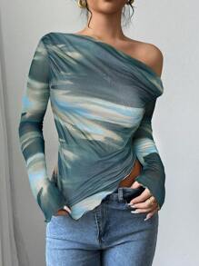 Firerie Women's Oblique Shoulder Long Sleeve Printed Casual Slim Fit Leopard Print Tank Top - Green - View 4