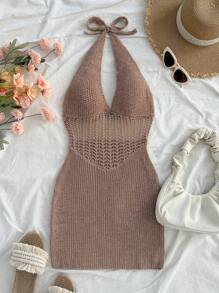 Soleia 度假式露背系带修身针织连衣裙 - 駝色 - 查看 4