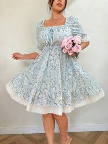 SHEIN Clasi 大码女式夏季蓝色碎花泡泡袖荷叶边A字连衣裙 - 藍色 - 查看 5