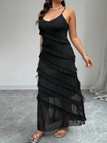 Celure Plus Size Ruched Bodycon Ruffle Hem Mesh Panel Dress