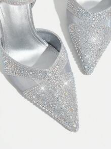 CUCCOO TILAWA Women Fashion Pointed Toe Full Rhinestone Sexy Backless Silver High Heel Party Sandals, Strap Ankle Strap Ladies Pumps