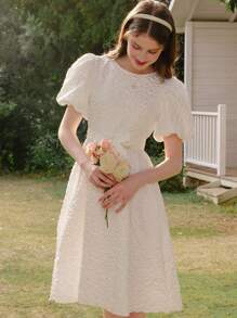 Holiday,Summer,TravelTeen Girl White Puff Sleeve A-Line Dress, Round Neck Short Sleeve Flared Long Dress, Elegant Casual Holiday Wear, Girls' Delicate Clothing, Suitable For Wedding Season, Floral & Decorative Design, No Traditional Patterns