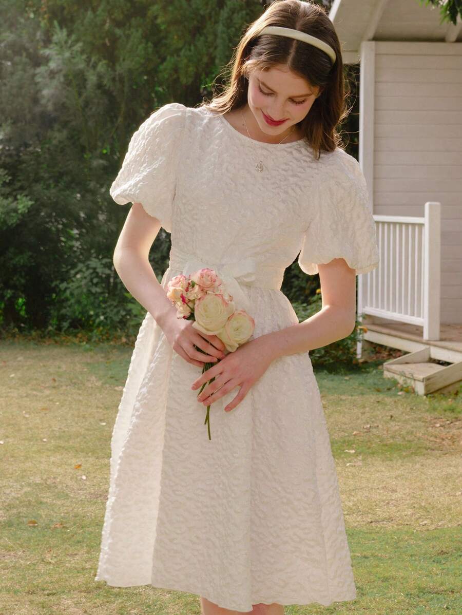 Holiday,Summer,TravelTeen Girl White Puff Sleeve A-Line Dress, Round Neck Short Sleeve Flared Long Dress, Elegant Casual Holiday Wear, Girls' Delicate Clothing, Suitable For Wedding Season, Floral & Decorative Design, No Traditional Patterns