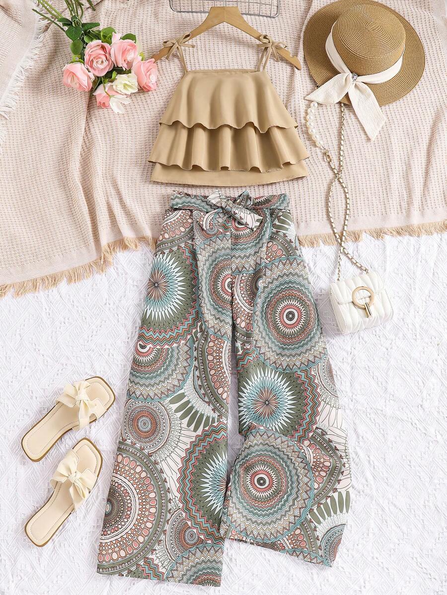 2pcs/Set Tween Girl Spaghetti Strap Simple Top And Long Pants Spring Clothes - Khaki - View 1